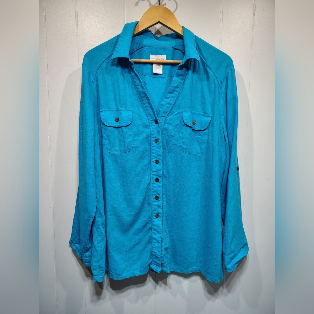 Soft Surroundings Linen Blend Button Front Shirt Bright Blue Petite XL